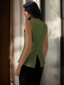 British style olive green V-neck vest with elegant back slit detail and loose fit design