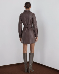 Rear view of a dark brown PU leather mid-length trench coat with a waist belt and long sleeves