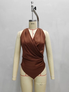 Deep brown satin halter sleeveless wrap top with elegant V-neck and draped ruching