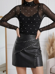 High waist black PU leather A-line skirt with silver rivets and rhinestone top