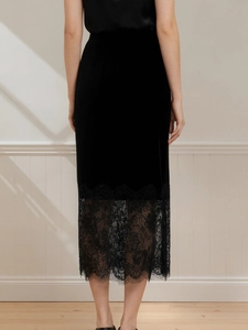 Elegant high waist black velvet skirt with lace patchwork and back slit for women