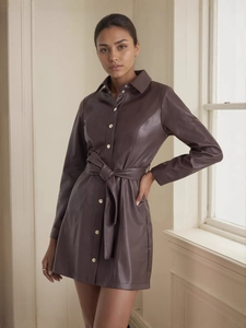 Women Elegant PU Leather Trench Coat Long Sleeve Single Breasted Midi Dress With Belt Dark Brown Fall Jacket Outerwear