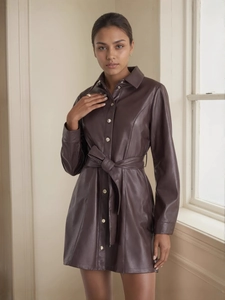 Chic dark brown PU leather trench coat for women with waist belt and metal buttons