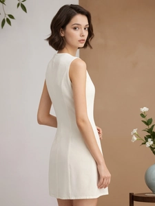 Elegantes weißes ärmelloses Mini-Knopfkleid mit schmaler Taille und Blumenstickerei