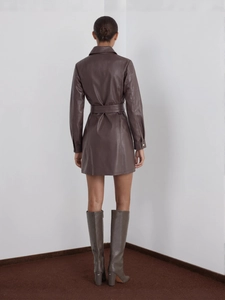 Women's dark brown PU leather trench coat with waist belt and long sleeves in a mid-length fit