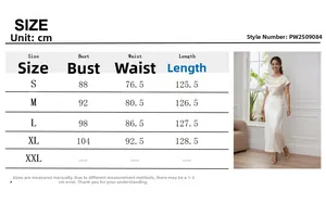 Size chart for the elegant white satin off-shoulder maxi dress with detailed measurements