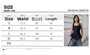 Detailed size chart with measurements for the stylish women's denim vest with gold buttons