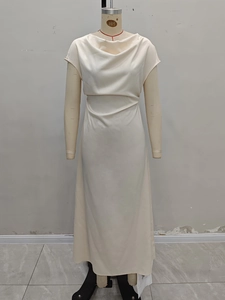 Elegant ivory white satin cowl neck long dress with a slim fit and silky finish
