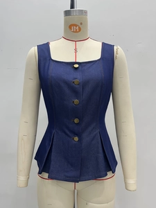 Women's dark blue denim vest featuring a square neck and antique gold buttons on a slim silhouette