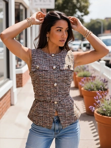 Gilet en tweed marron pour femme avec basque, boutons dorés et ceinture assortie