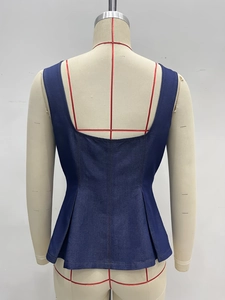 Deep blue denim peplum vest for women featuring square neck and open back design