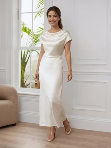 Women Elegant Satin Maxi Dress Cowl Neck Cap Sleeve Tie Waist Solid Color Slim Fit Fishtail Formal Evening Party Dress
