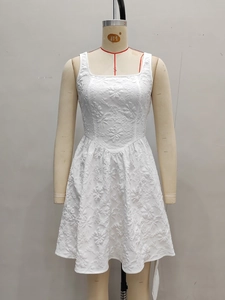 White sleeveless A-line dress with French vintage jacquard floral embroidery and square neck
