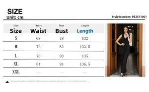 Detailed size chart for backless sleeveless jumpsuit with length and waist measurements