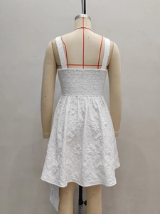 French retro white sleeveless jacquard dress with back smocked detail for women