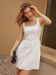 Women French Retro Palace Style Jacquard 3D Floral Smocked Back Square Neck Sleeveless A-Line Midi Dress Summer Party White