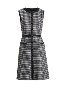 French vintage houndstooth tweed sleeveless dress with black leather trim and A-line cut