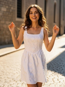 White sleeveless French vintage dress with floral jacquard and square neck design