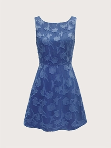 Elegantes marineblaues A-Linien-Minikleid mit floralem Jacquard und U-Boot-Ausschnitt