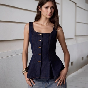 Dunkelblaue Jeansweste für Damen mit Schößchensaum und dekorativen goldenen Knöpfen