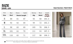 Detailed size chart for women's grey plaid suit set featuring blazer and flare pants