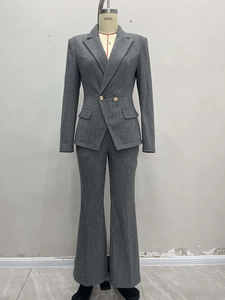 Gray houndstooth plaid office suit set for women with slim blazer and flared trousers