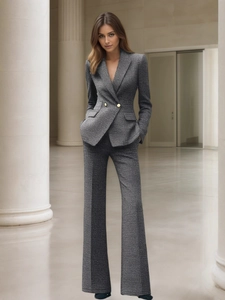 Women Plaid Business Suit Set Double Breasted Blazer With Flare Pants Top And Bottom Office Lady Autumn Winter Professional Outfits