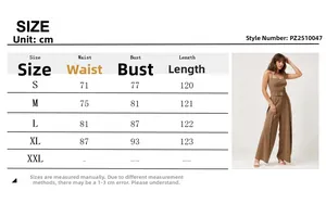 Size chart detail for sleeveless wide-leg jumpsuit with waist belt and measurements