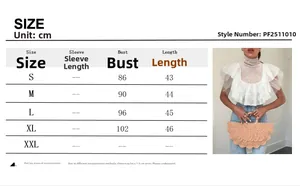 Detailed size chart for lace ruffled turtleneck top with bust and length measurements