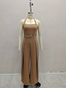 Elegant sleeveless halter jumpsuit in khaki brown featuring a wide-leg cut and waist belt