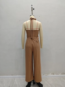 Sleeveless wide-leg jumpsuit in brown with halter neck tie back and matching waist belt