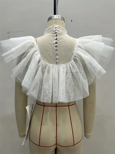Elegant white lace high neck shrug with layered ruffles and back buttons for women