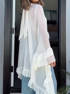 Elegant white chiffon blouse with layered ruffles and sheer long sleeves for women