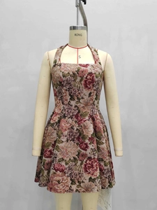 Floral strapless bustier mini dress with halter strap and vintage jacquard fabric