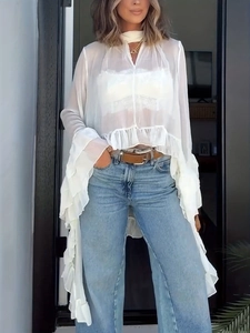Sexy sheer white chiffon halter top with ruffled long sleeves and neck scarf detail