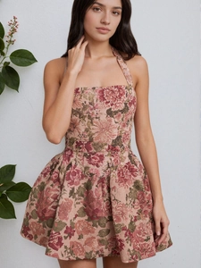 Vintage Floral Halter Mini Dress For Women Sexy Backless Jacquard Puffy A-Line Party Dress Elegant Summer Sleeveless Top