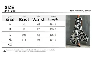 Size chart for high waist maxi dress with black and white abstract print measurements