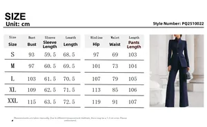 Size chart and measurement guide for women's slim fit suit blazer and trousers set