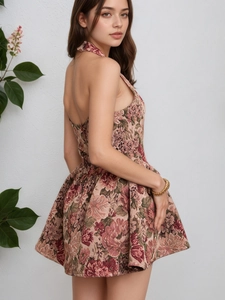 Floral backless A-line mini dress with halter neck and vintage jacquard fabric detail