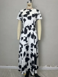 Short sleeve maxi dress with black and white abstract print and high waist design