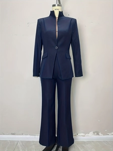 Navy blue women's slim business suit with stand collar blazer and flared pants