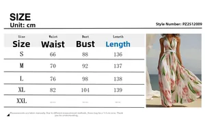 Size chart for the floral V-neck backless A-line dress showing waist and bust measurements