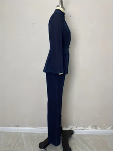 Detailed side view of navy blue tailored women blazer suit with flat pocket design