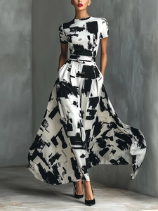 Women's Modern Art Abstract Ink Print Maxi Dress Short Sleeve Round Neck High Waist Large Swing Elegant Commuter Dress