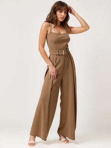 Elegant sleeveless khaki wide leg jumpsuit featuring a square neck and adjustable waist belt