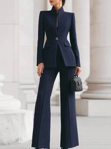 Professional Women Business Suit Set Navy Blue Stand Collar Single Button Blazer And Flared Pants Top And Bottom Outfit