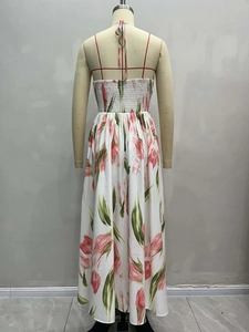 Floral backless halter maxi dress with pink tulips pattern and elastic back detailing