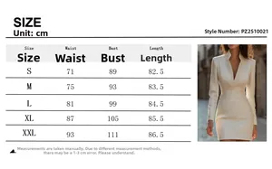Size guide table for white V-neck textured dress with full length and waist measurements