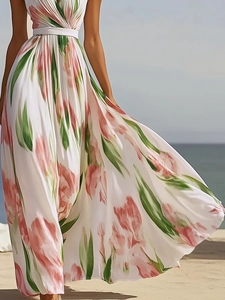 Elegant floral V-neck backless maxi dress with a cinched waist for beach vacation