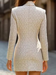 Elegant champagne tweed V-neck dress with textured weave in a slim fit street style